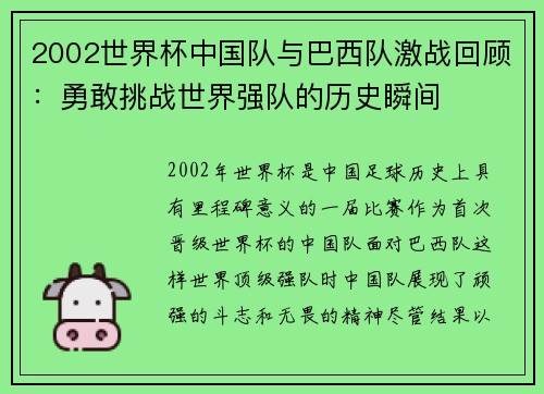 2002世界杯中国队与巴西队激战回顾：勇敢挑战世界强队的历史瞬间